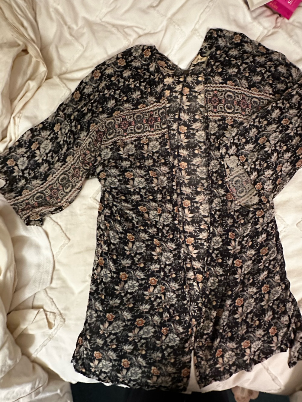 Free People Black Floral Boho Tunic with Pink and Cream Accents
